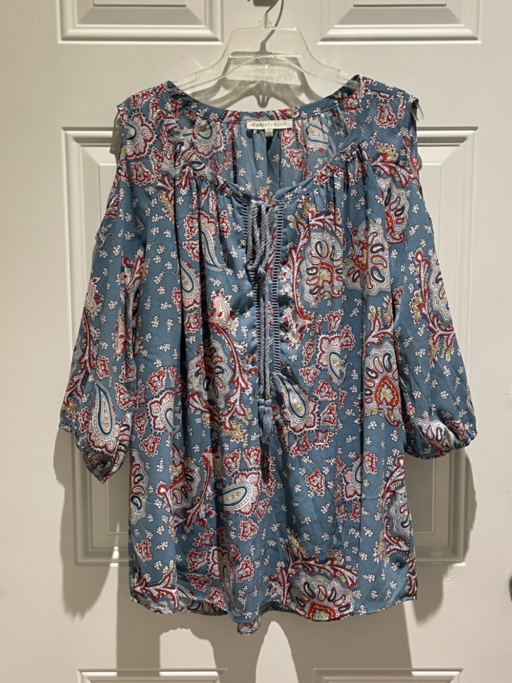 Daniel Rainn Blue Red Paisley Tie-Front Cold Shoulder Long Sleeve Top Size 1X